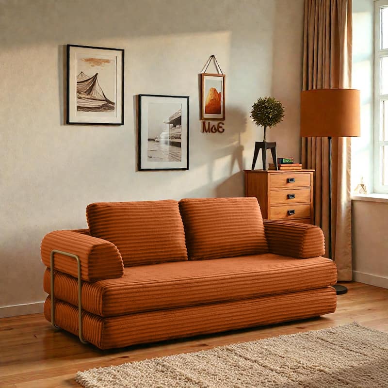 Convertible Sofa Bed Futon, Corduroy Folding Floor Couch with Pillows, Boneless Sleeper Mattress for Living Room - Orange