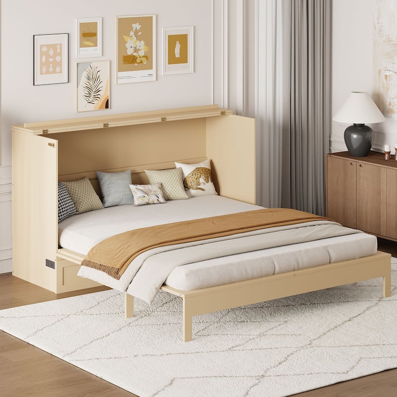 Full/Queen Size Murphy Bed Wall Bed with a Large Drawer, Folding Murphy Cabinet Bed, Space Saving Murphy Bed Chest