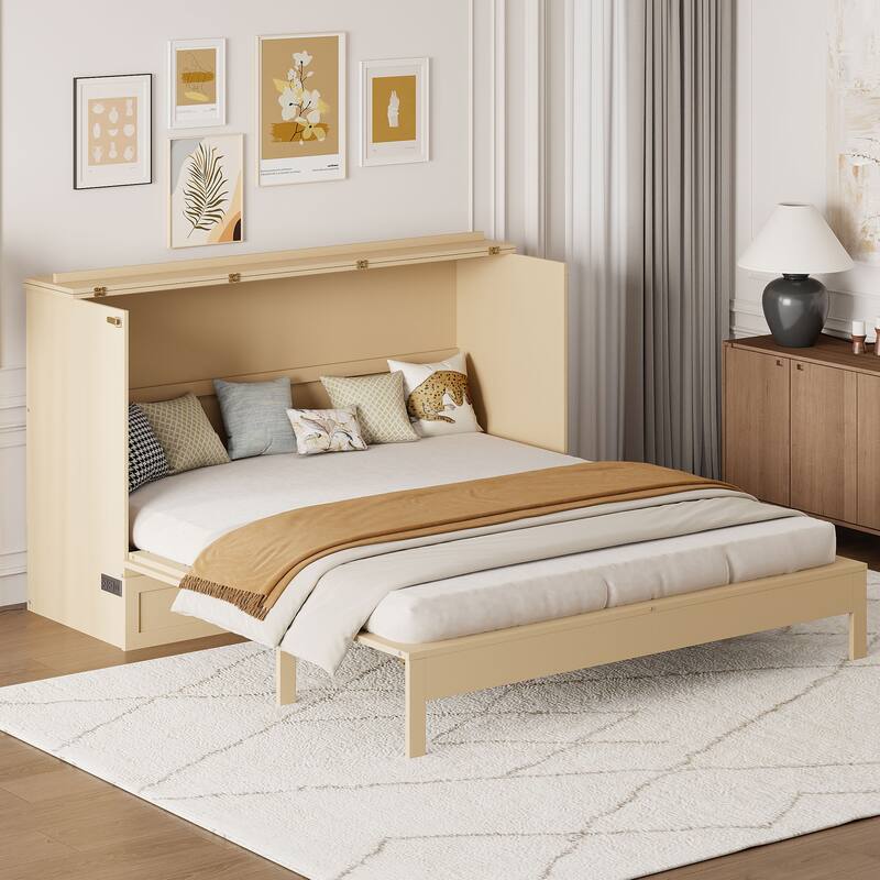 Queen Size Murphy Bed with Large Storage Drawers, USB Charging Port, and Space-Saving Design for Small Rooms