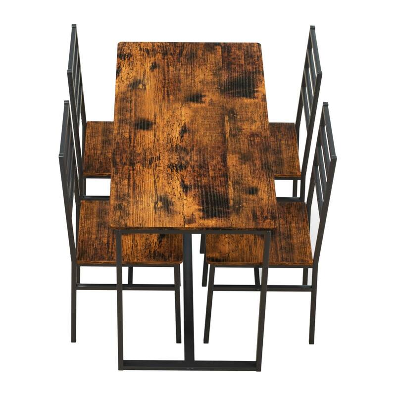 5-Piece Dining Set for 4, Minimalist Dining Table Coffee Table Side Table with Iron Legs, Dark Walnut