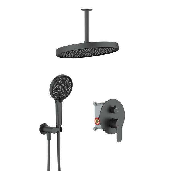 slide 2 of 28, 12 inch Wall-Mounted Round Shower System with Rough-in Valve and Handheld Shower Black