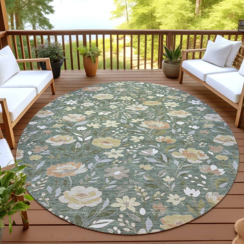 Machine Washable Indoor/ Outdoor Floral Garden Chantille Rug - Basil - 8' x 8'