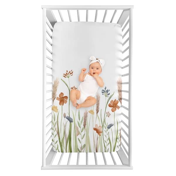 slide 2 of 4, Boho Floral Garden Flower Girl Photo Op Fitted Crib Sheet Green Watercolor Bohemian Floral Farmhouse Vintage Shabby Chic Nature