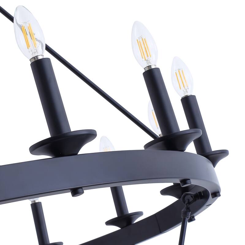 Black 28-Light Wagon Wheel Industrial 2-Tier Candle Style Chandelier