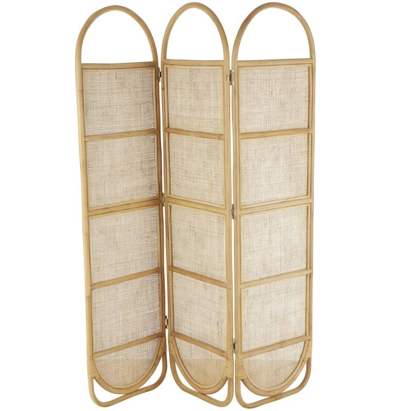 Rattan Geometric Woven Arched Oval 3 Panel Partition Room Divider Screen - Light Brown - Roche River Decor - 17"W x 51"L x 71"H