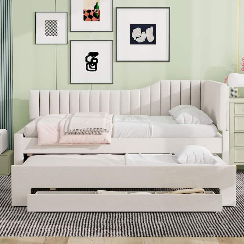 Upholstered Daybed with Trundle and Three Drawers - Beige - Full