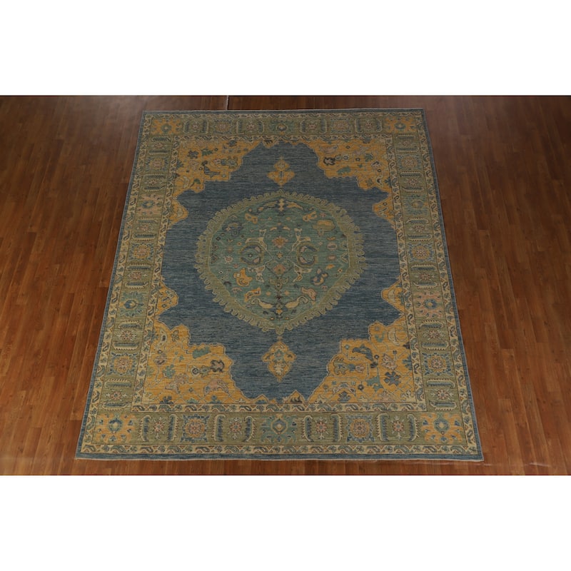 Hand Knotted Oriental 100% Wool Carpet Transitional Medallion Navy Blue & Blues Oushak Area Rug - 10' 2'' X 8' 4''