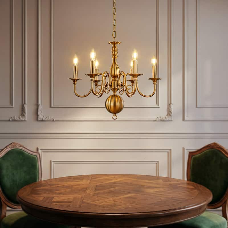 French Country Dimmable Antique Brass Chandelier Adjustable Chain Vintage Pendant Light for Dining Room
