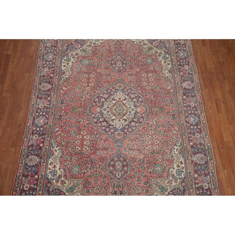Hand Knotted Oriental 100% Wool Carpet Traditional Floral Pink Tabriz Area Rug - 9' 11'' X 6' 5''