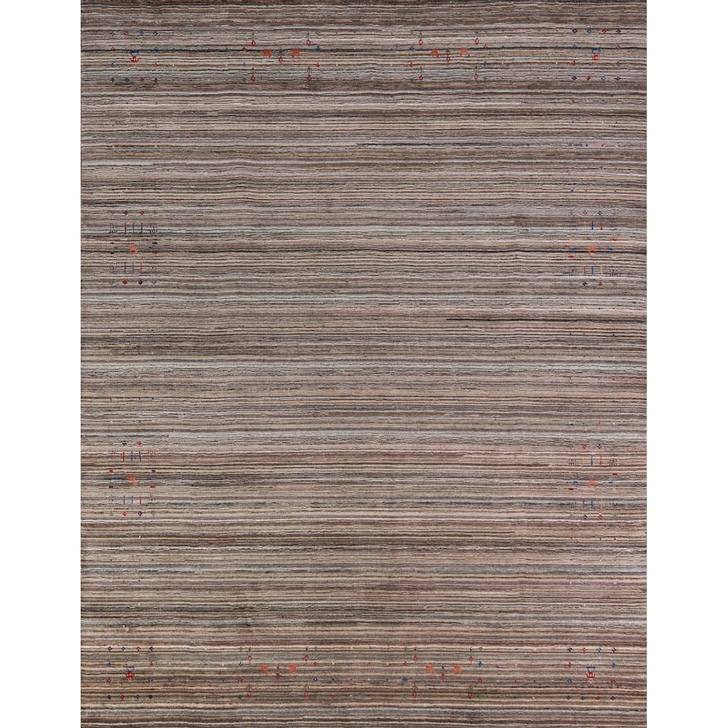 Striped Gabbeh Indian Area Rug Handmade Brown Wool Carpet - 8'0" x 9'8"