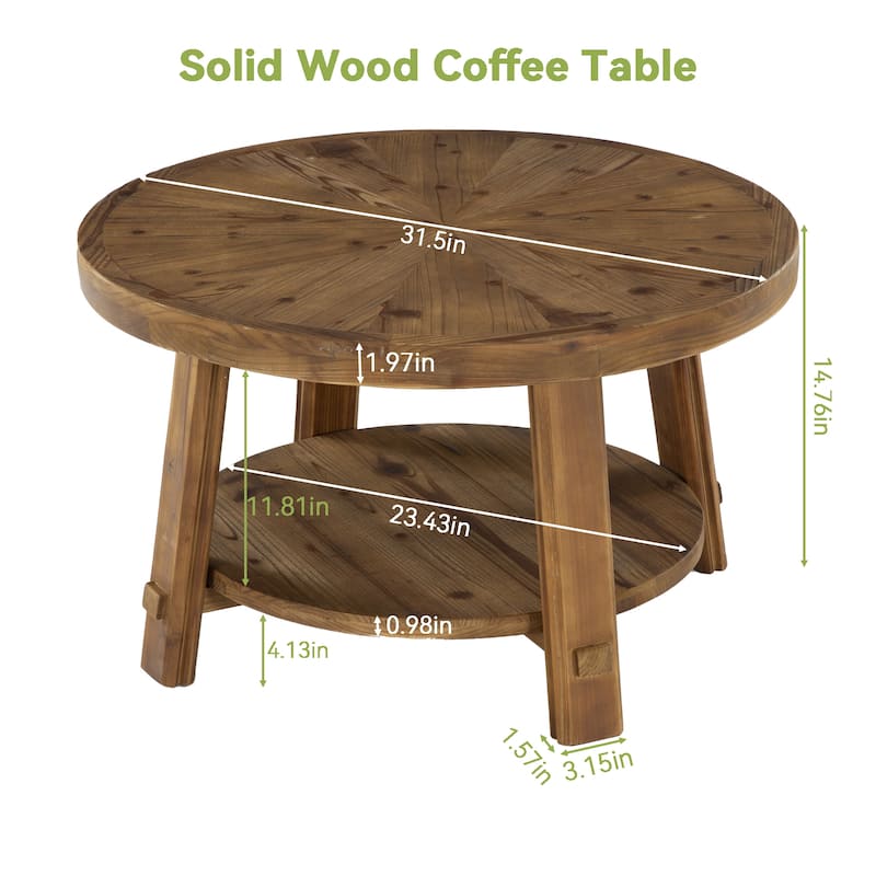 31.5" Solid Wood Coffee Table with 2-Tier Storage