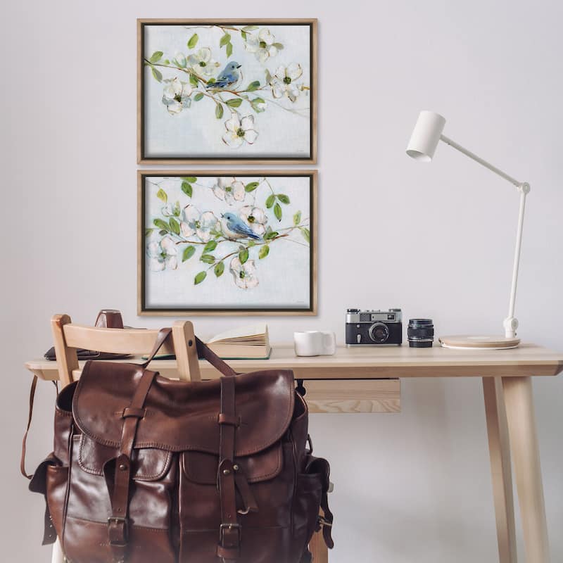 Stupell Perched Bluebirds on Branch Framed Floater Canvas Wall Art Design By Sally Swatland (Set of 2)