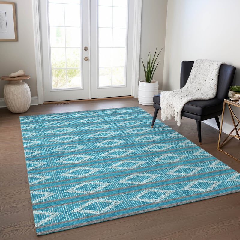 Machine Washable Indoor/ Outdoor Diamond Stripe Chantille Rug - Teal - 5' x 7'6"