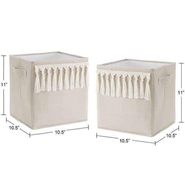 Boho Bohemian Foldable Fabric Storage Bins - Solid Taupe Beige Ivory Cream Off White Linen Farmhouse Shabby Chic Fringe Neutral