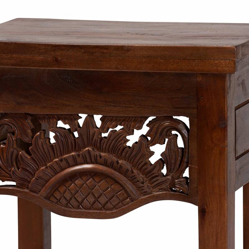 Alexandra Handcarved Mahogany Wood Nightstand - Decorative Accent Table with Lower Shelf, Traditional Artisan Furniture