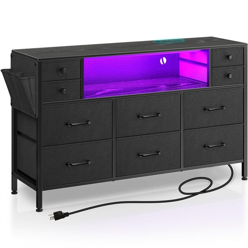 Dresser with Power Outlets and LED Lights - Black