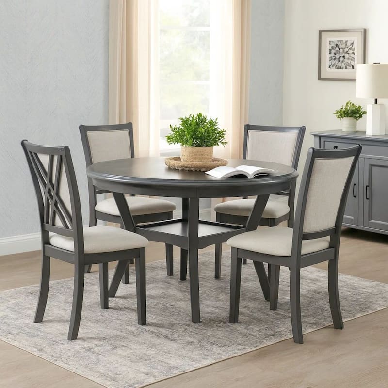 Isla 5 Piece Dining Table Set, Diamond Pattern, 4 Crossback Chairs, Gray