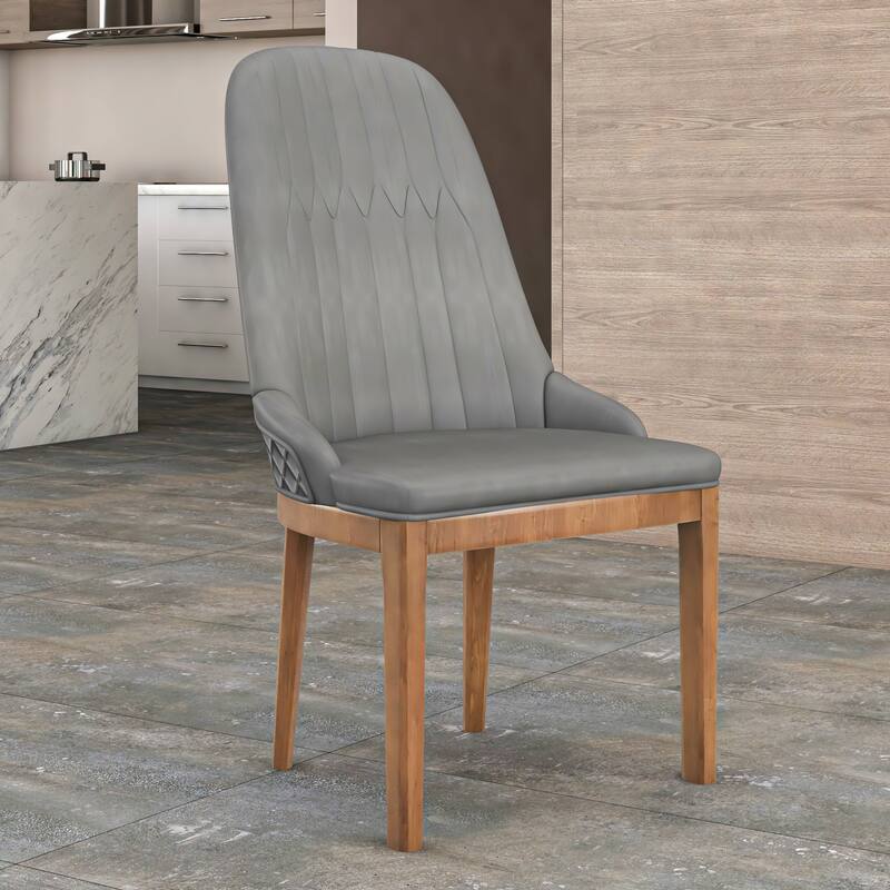 Leather Dining Chair with Rubberwood Legs Set of 4 Side Charis Sleek Diamond Stitching Back