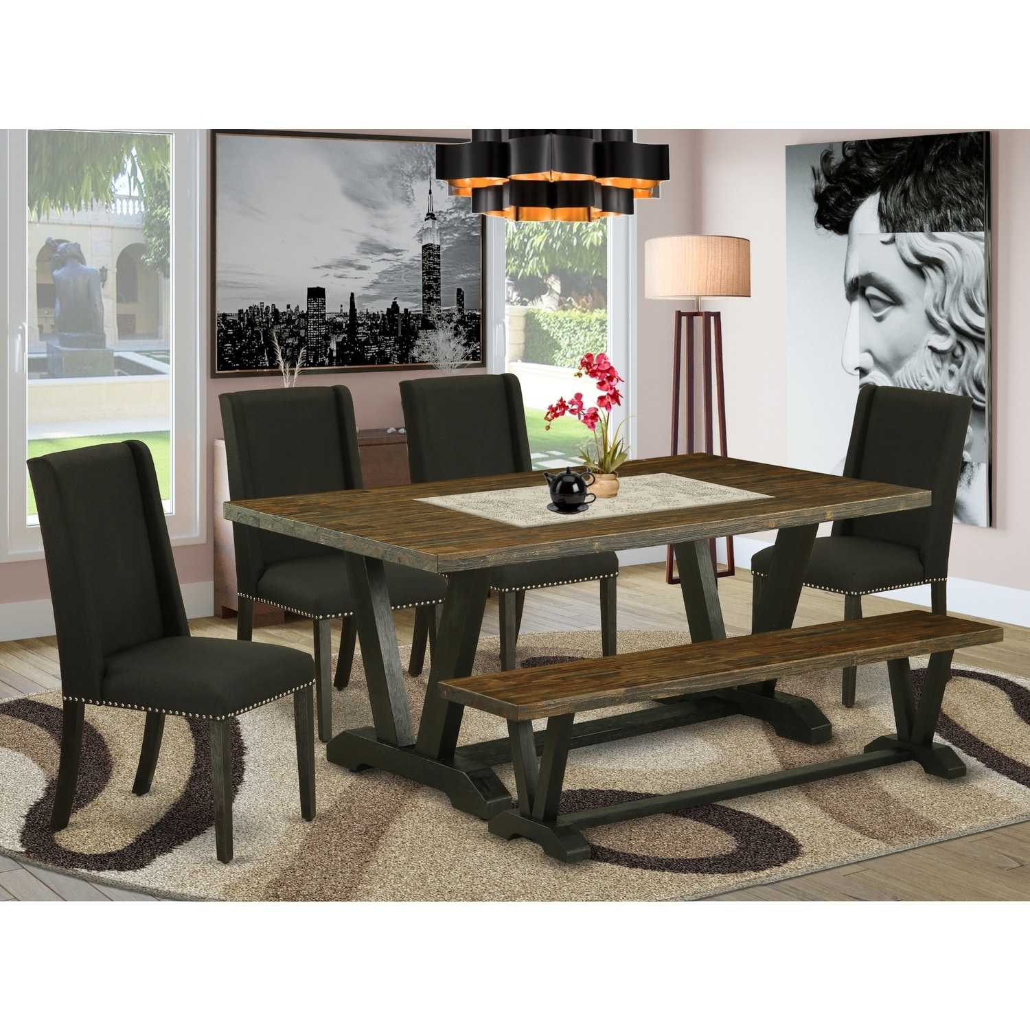 Modern 6-Piece Dining Set - Kitchen Table with Bench & 4 Parsons Chairs