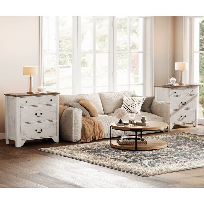 WAMPAT Large Farmhouse Nightstand with 3 Drawers,Wooden End Table - White - 6-drawer