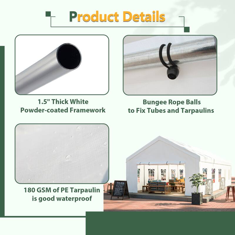 Large White Event Canopy Tent with Zipper Doors and Waterproof PE Cover for Backyard or Gatherings