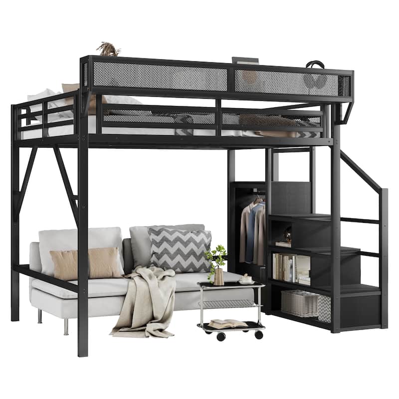 Queen Size Loft Bed with Stairs, Metal Queen Loft Bed with Storage Shelves, High Loft Bed with Wardrobe for Kids Teens Adults