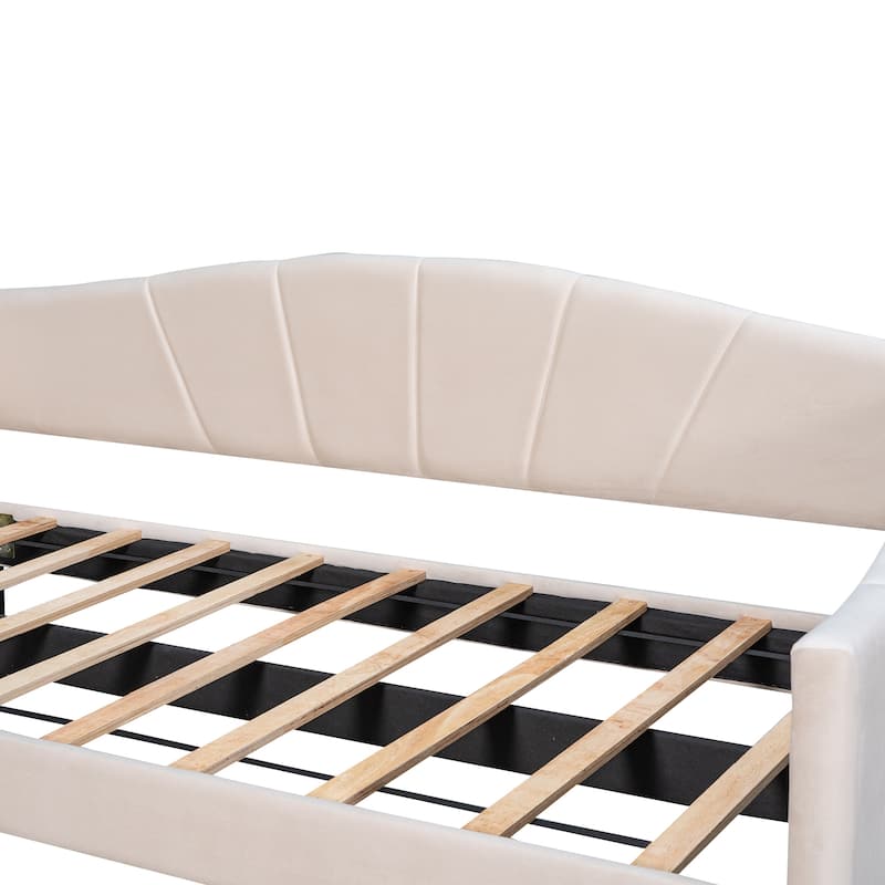 Beige Velvet Upholstered Twin Size Daybed Sofa Bed with Twin Size Trundle, Wood Slat Support