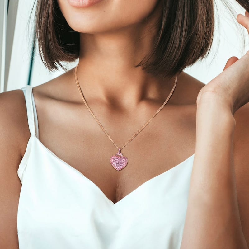 Miadora 3 1/2ct TGW Created Pink Sapphire Heart Pendant with Triple-Strand Chain in Rose Silver