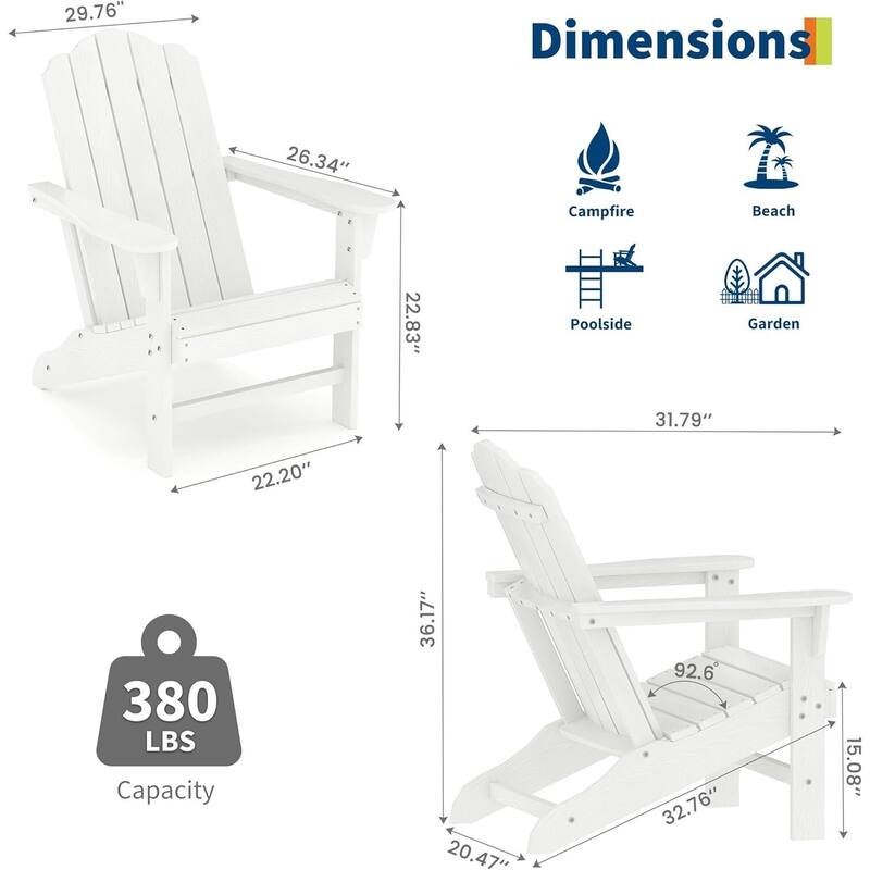 Set of 2 HDPE Adirondack Patio Chairs for Garden, Deck, Backyard, Poolside