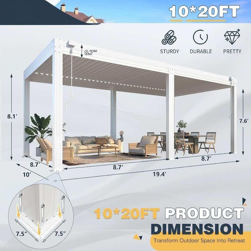 EROMMY Outdoor Louvered Pergola Gazebo with Adjustable Aluminum Rainproof Roof and Pull-Down Screen