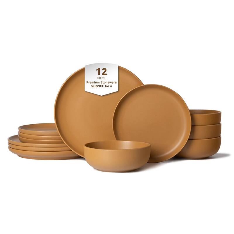 12PCS Stoneware Dinnerware Set, Microwave Dishwasher Safe Stackable - Orange