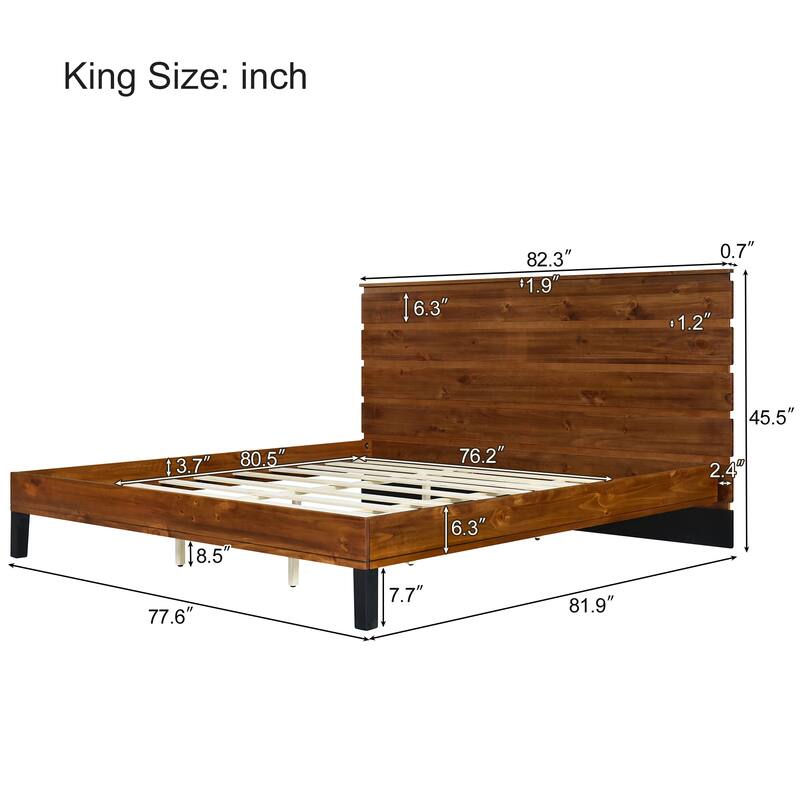 Rustic Brown Solid Wood Frame Full/Queen/King Size Panel Bed Platform Bed Frame with Six-Piece Headboard,No Box Spring Needed