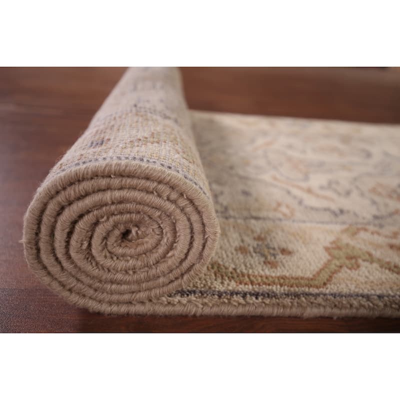 Ivory & Beige Oushak Indian Runner Rug Hand-Knotted Wool Carpet - 2'8"x 9'10"