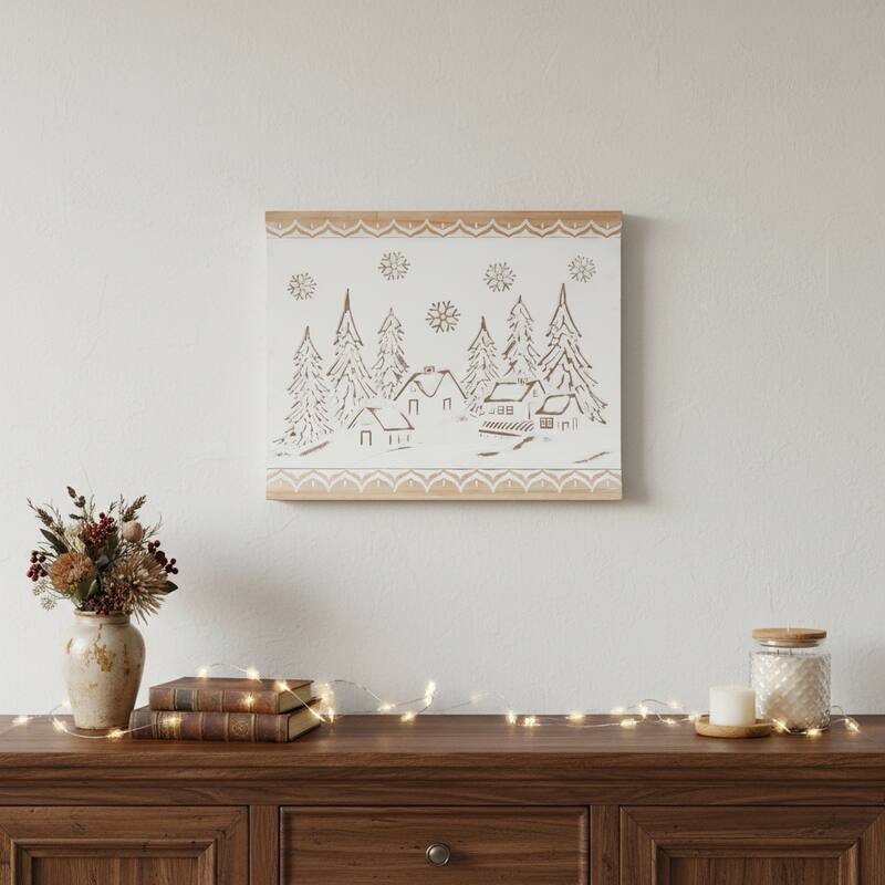 HomeRoots 16" X 19" Natural And White Winter Village Christmas Trees Hanging Wall Decor - White/Natural - 19.00 in. x 15.75 in.  x 2.00 in.