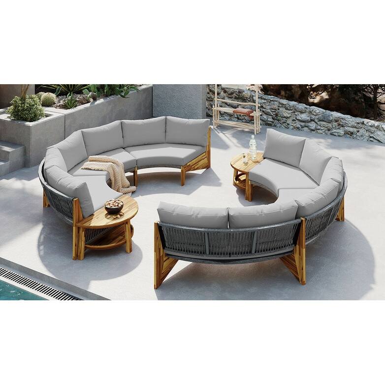 Outdoor 12-Seater Acacia Round Sectional Sofa Set with Coffee Table