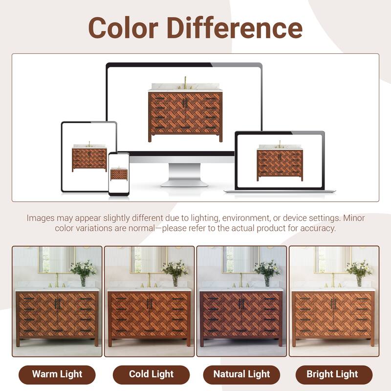 48" Freestanding Bathroom Vanity with Engineered Stone Top, Ceramic Sink, Built-In Power Outlet, and Hair Dryer Storage