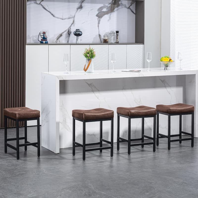 Upholstered PU Leather Bar Stools Set of 2, 24" Counter Height Saddle Bar Stools