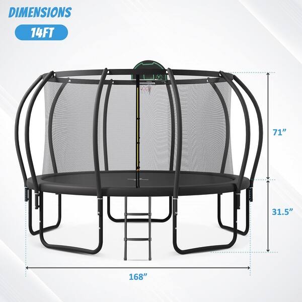14ft Kids Trampoline with Upgraded Enclosure ArcPole Basketball Board and 10 Ground Stakes