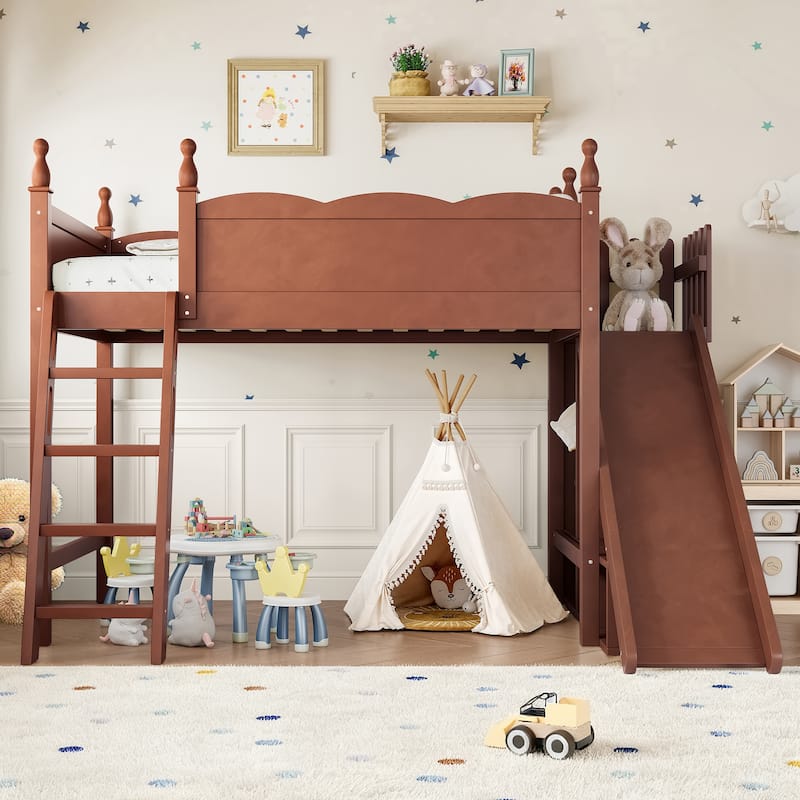 Twin Loft Bed with Storage Shelves and Wardrobe, Solid Wood Loft Beds with Detachable Slide and Ladders, No Spring Box Needed - Antique Natural