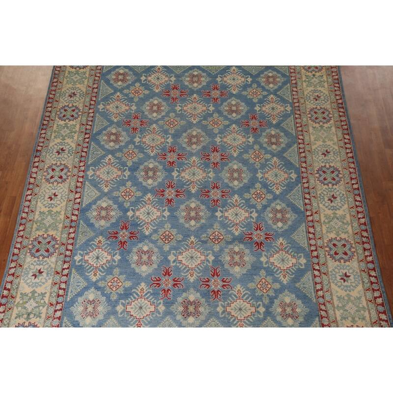Blue Geometric Kazak Oriental Area Rug Handmade Wool Carpet - 9'2" x 12'4"
