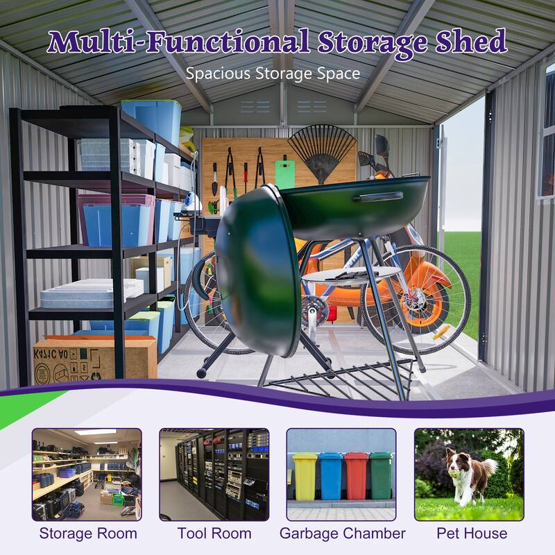 10x8 FT Weather-Resistant Steel Shed with Clear Window & Lockable Doors