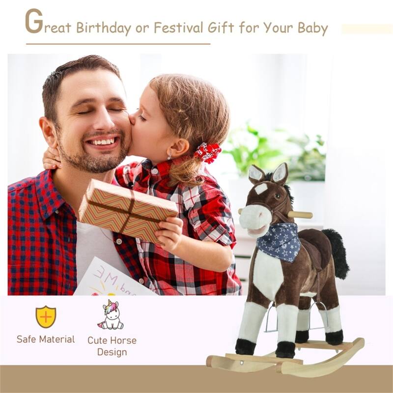 Classic Brown Plush Rocking Horse with Realistic Sounds and Cowboy Design for Kids Ages 3 to 6 Years