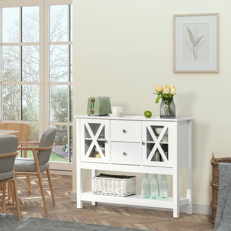 White MDF Sideboard with Adjustable Shelves and Drawers for Kitchen Dining Living Room Storage - 39.25" W x 11.75" D x 31.5" H