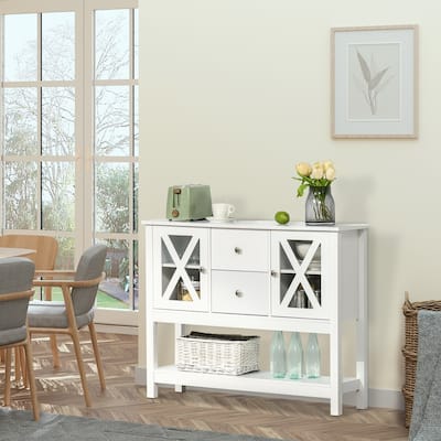 White MDF Sideboard with Adjustable Shelves and Drawers for Kitchen Dining Living Room Storage - 39.25" W x 11.75" D x 31.5" H