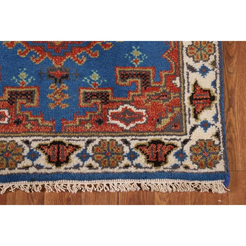 Blue Geometric Viss Indian Runner Rug Handmade Wool Carpet - 2'7"x 10'1"