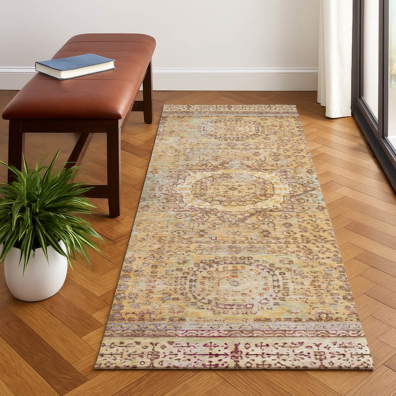 Premium Washable Super Soft Vintage Traditional Mayfield Rug - Gold - 2'3" x 7'6"