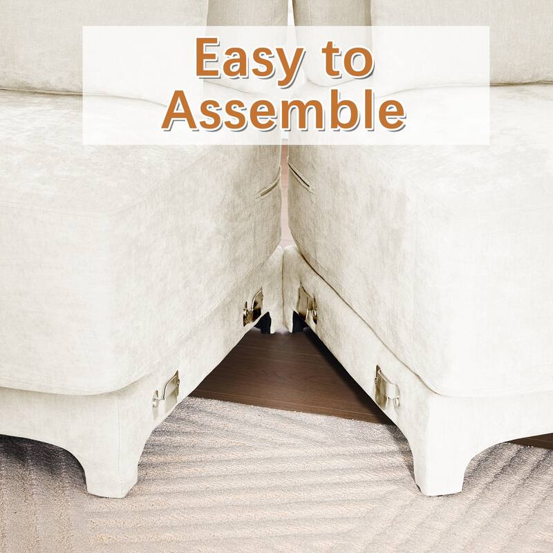 105.9" Chenille 3-Seater Sofa with 2 Ottomans, Lumbar Pillow & Wooden Base
