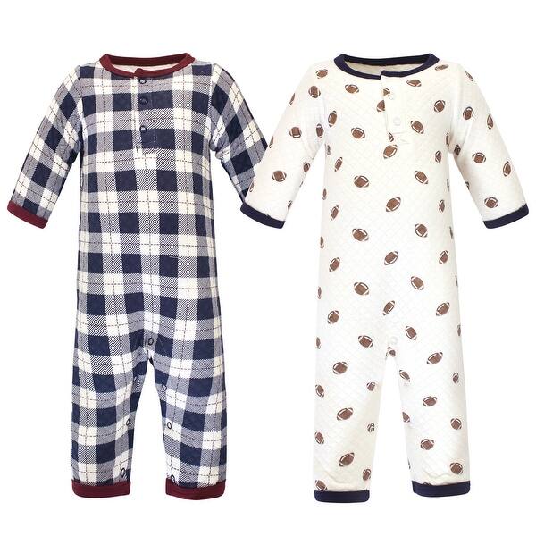 slide 1 of 1, Hudson Baby Infant Boy Premium Quilted Coveralls 2pk, Football 0 - 3 Months - Blue