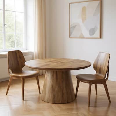HomeRoots 54" Brown Solid Wood Pedestal Base Round Top Dining Table - 54.00 in. x 30.00 in. x 54.00 in.