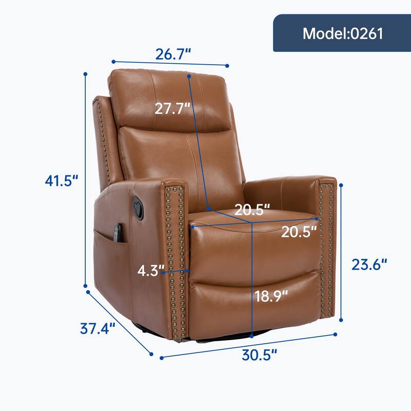 One Piece Genuine Leather Recliner Chair with Massage Heat Rocker and Swivel